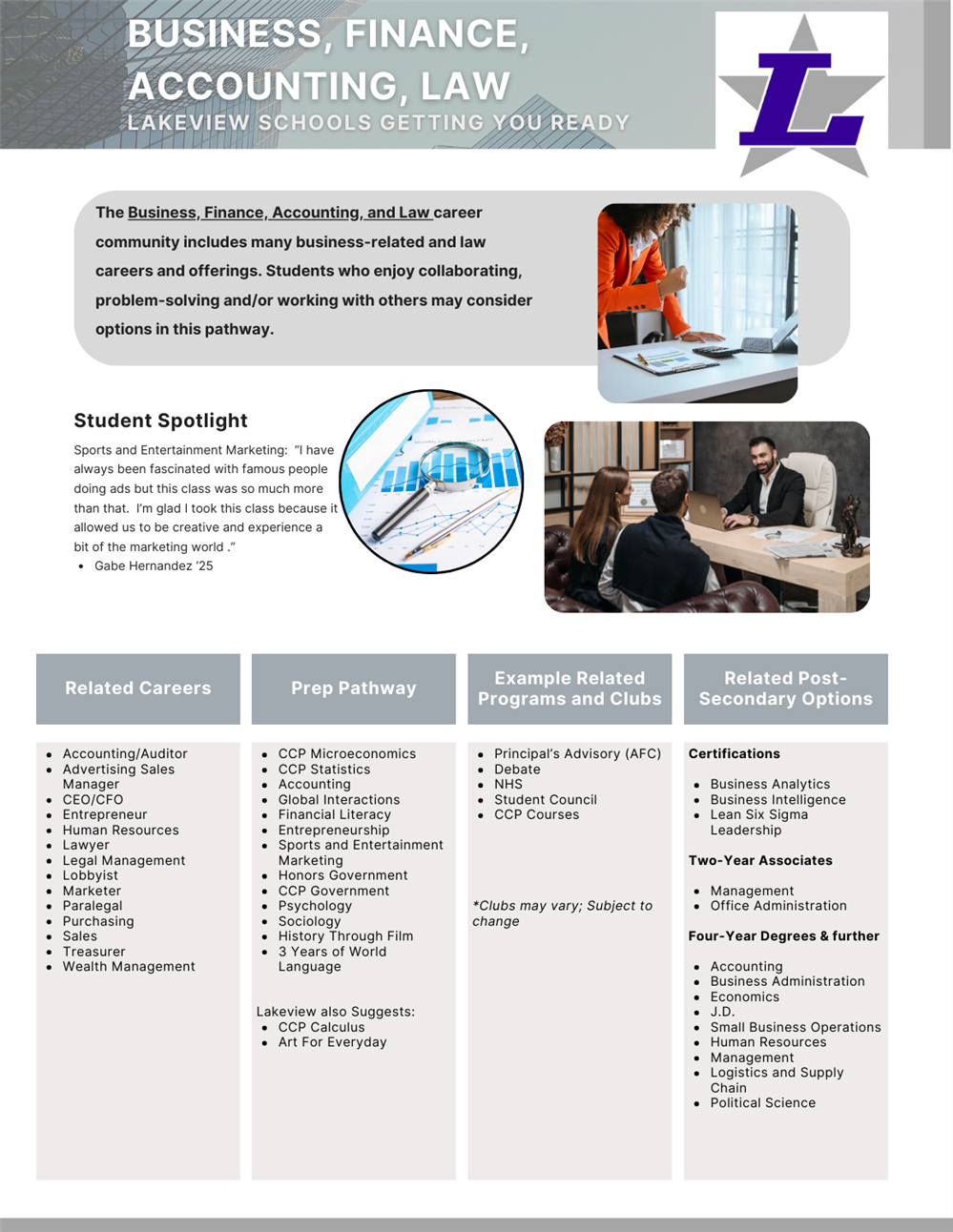 Flyer for Business Finanace Accounting and Law pathway